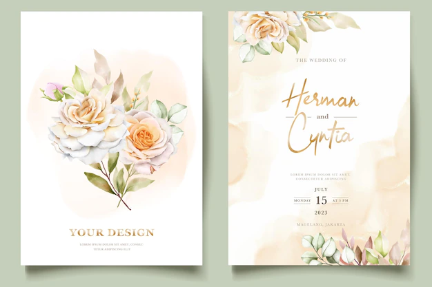 Free Vector | Floral wedding invitation template set with elegant brown leaves