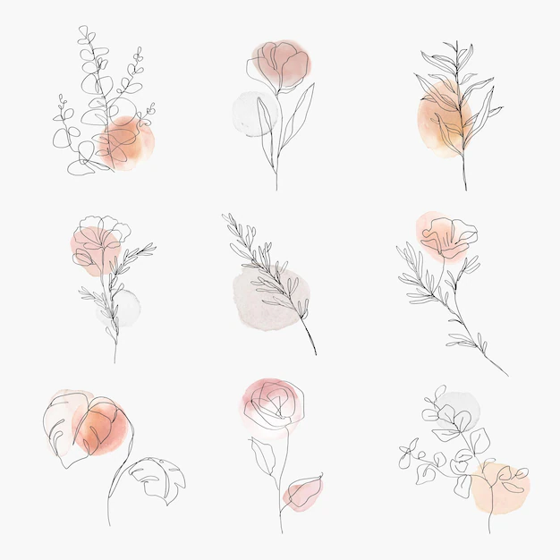 Free Vector | Flowers line art  botanical watercolor minimal illustration set