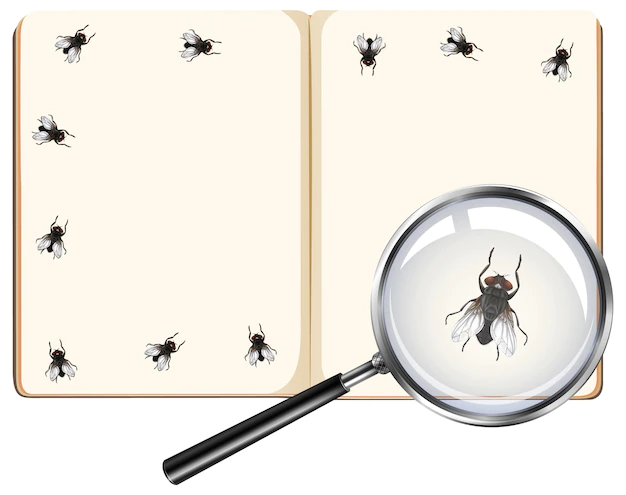 Free Vector | Fly insects on blank book pages with magnifying glass isolated on white background