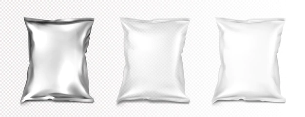 Free Vector | Foil and plastic bags mockup, blank white, transparent and silver metallic colored pillow packages mockup.