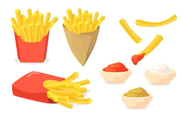 Free Vector | French fries set. potato sticks in paper cones, ketchup, mayo, mustard sauces isolated on white