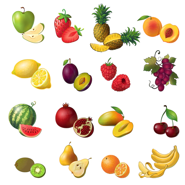 Free Vector | Fruits isolated colored set with fruit and berries of various colors and sizes