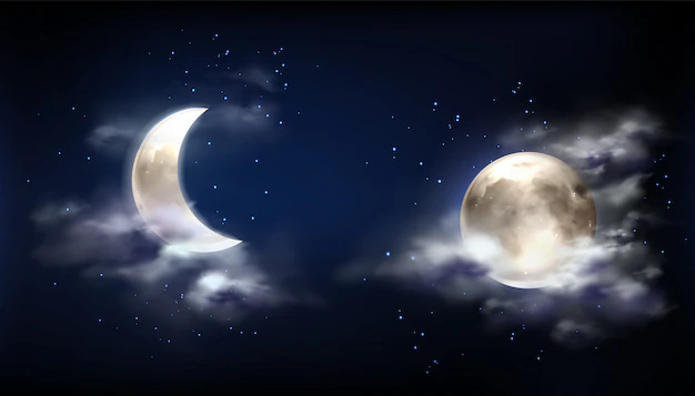 Free Vector | Full moon and crescent in night sky with clouds