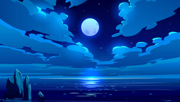 Free Vector | Full moon night ocean cartoon illustration
