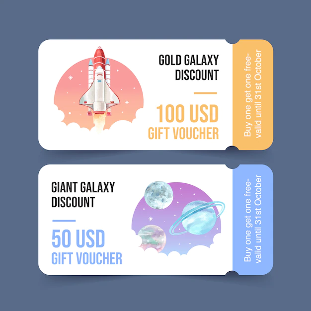 Free Vector | Galaxy ticket template with rocket, planets watercolor illustration.