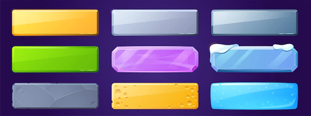 Free Vector | Game ui buttons for app interface, cartoon menu plaques or banners. textured gui graphic design elements ice , wooden, stone, metal and cheese with pink crystal gem user panel isolated 2d vector set