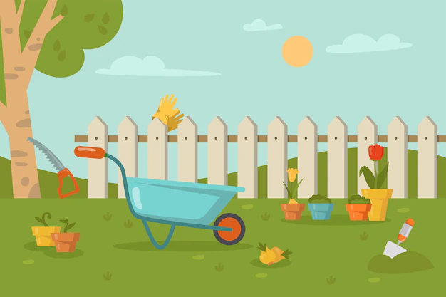 Free Vector | Garden tools lying on grass in front of fence. wheelbarrow, shovel, sawing a tree, gloves on fence, flowers in pots cartoon illustration