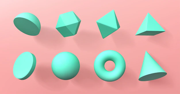 Free Vector | Geometric 3d shapes hemisphere, octahedron, sphere and torus, cone, cylinder and pyramid
