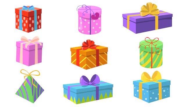 Free Vector | Gift boxes set. christmas or birthday presents with colorful wrap, ribbons and bows greeting cards elements isolated . flat vector illustration for holiday or surprise party concept