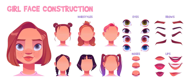 Free Vector | Girl face construction, avatar creation with different head parts on white