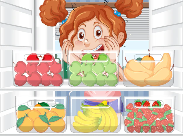 Free Vector | Girl looking foods in fridge