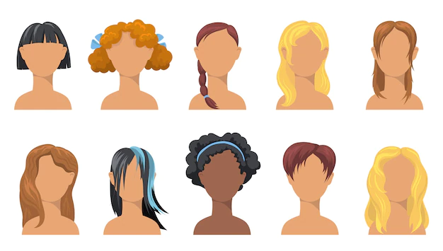 Free Vector | Girlish trendy hairdo set. stylish haircuts for girls of different ethnicity, hair types, colors and length.