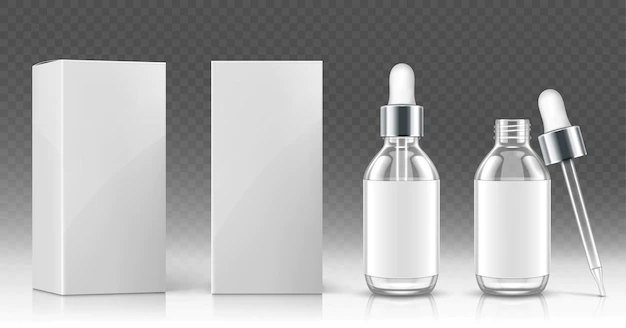 Free Vector | Glass dropper bottle for cosmetic oil or serum and white package box in front and angle view