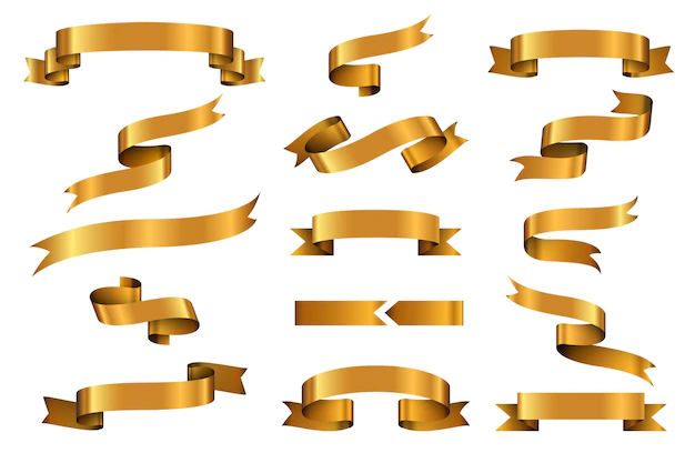 Free Vector | Gold glossy ribbon vector banners set. ribbon label gold glossy, ribbon curled tag, waving ribbon gold glossy illustration