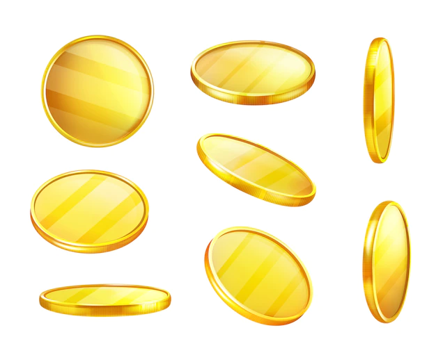Free Vector | Golden coin in different positions, shiny piece of metal, value money.