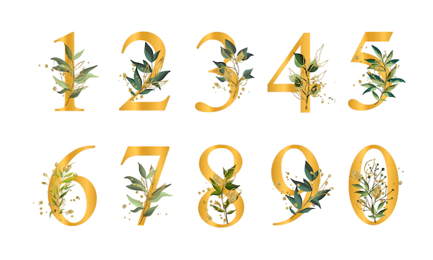Free Vector | Golden floral numbers with green leaves and gold splatters isolated