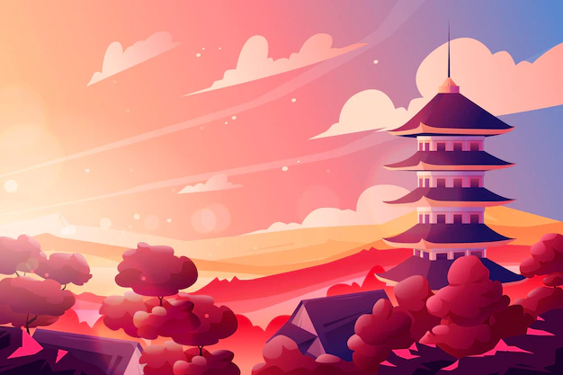 Free Vector | Gradient japanese temple with sun