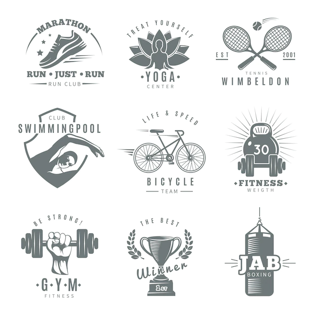 Free Vector | Gray isolated fitness gym logo set with marathon run club tennis wimbledon jab boxing descriptions