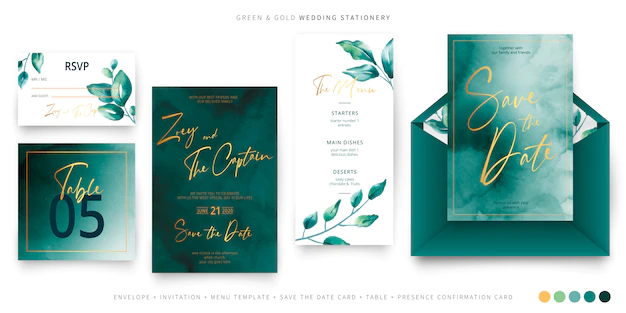 Free Vector | Green and gold wedding stationery template