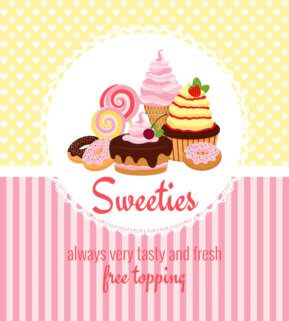 Free Vector | Greeting card template with retro patterns of yellow polka dots and pink stripes around a round frame with desserts