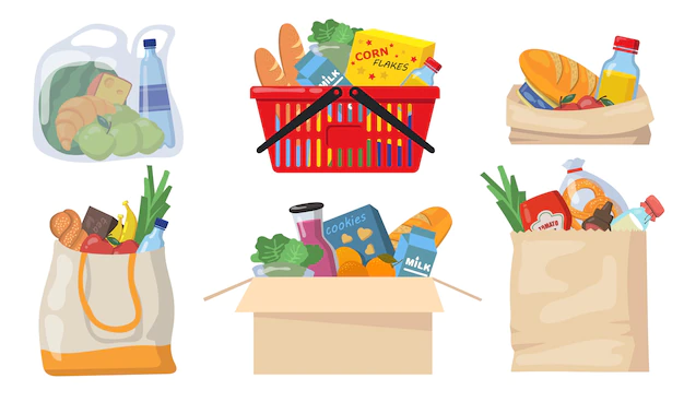 Free Vector | Grocery bags set. plastic and paper packages, supermarket basket with food packs, cans, bread, milk products. flat vector illustrations for shopping, food delivery, charity concept.