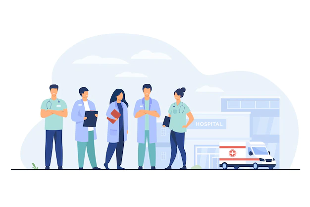 Free Vector | Group of doctors standing at hospital building. team of practitioners and ambulance car