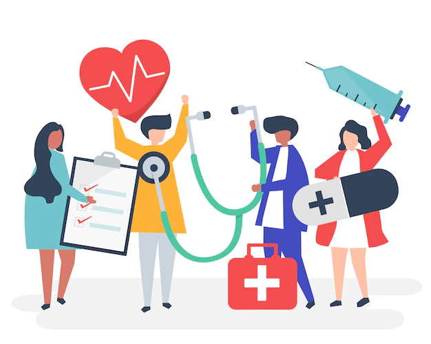 Free Vector | Group of medical staff carrying health related icons