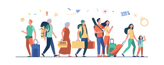 Free Vector | Group of tourists with suitcases and bags standing in airport
