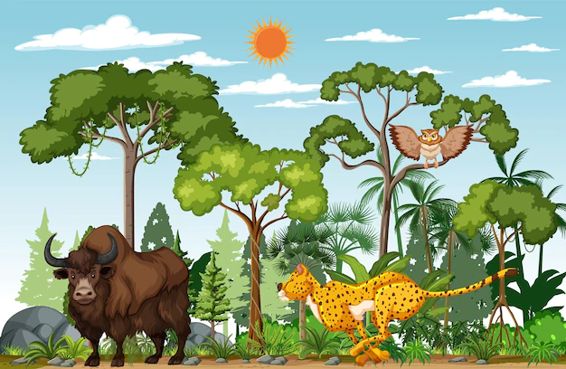Free Vector | Group of wild animals in nature forest scene