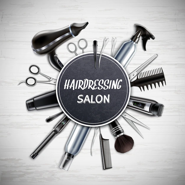 Free Vector | Hairdressing salon barber shop tools realistic round composition with scissors hairdryer trimmer monochrome vector illustration