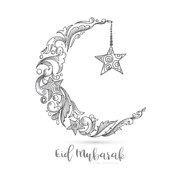 Free Vector | Hand draw decorative eid mubarak with moon sketch card design