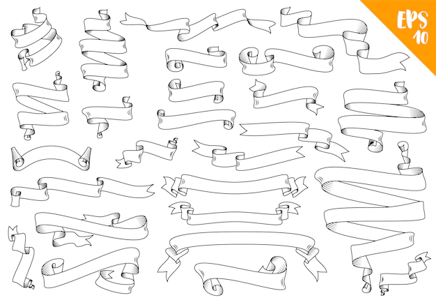 Free Vector | Hand drawn detailed scroll ribbons set in outline, contour drawing.