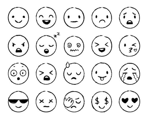 Free Vector | Hand drawn emoji. doodle emoticons, smile face sketch and grunge ink brush emojis doodles