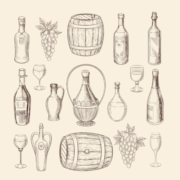 Free Vector | Hand drawn vineyard sketch and doodle wine vector elements. vineyard doodle and grape hand drawn, wine alcohol illustration