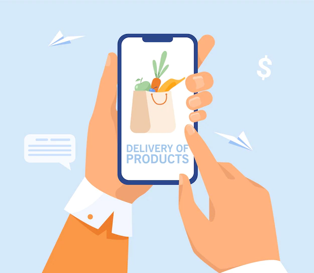Free Vector | Hand of user ordering delivery from grocery store. person buying food in supermarket online