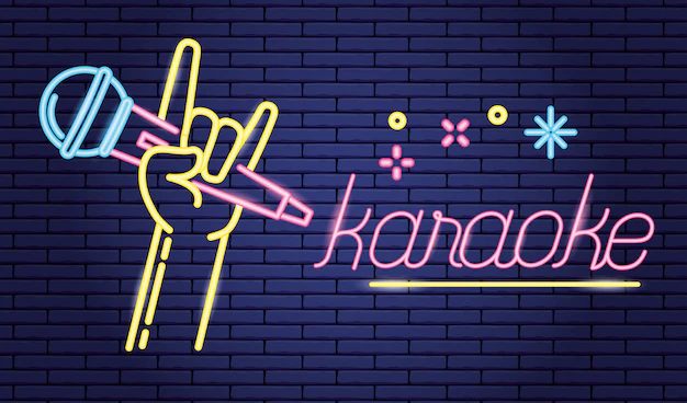 Free Vector | Hand with microphone in  karaoke over purple, neon style
