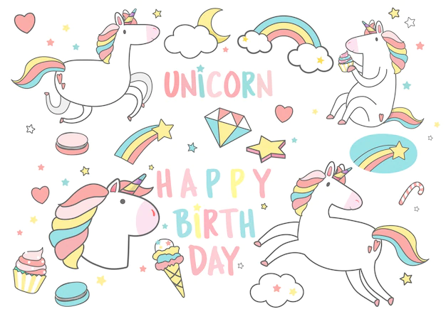 Free Vector | Happy birthday unicorn with magic elements card vector
