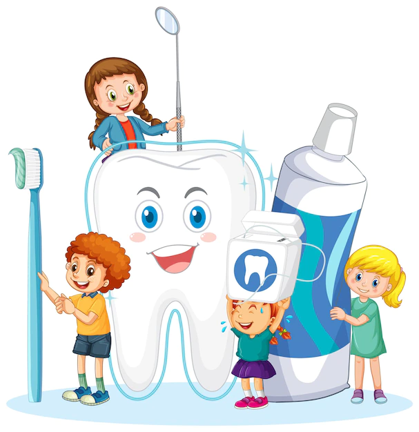 Free Vector | Happy children holding toothpaste toothbrush and floss on white