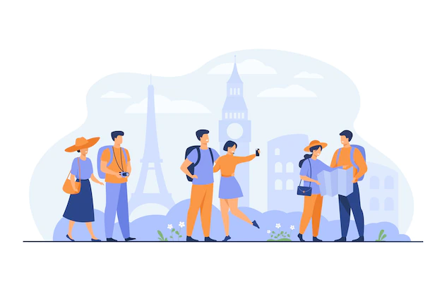 Free Vector | Happy couples traveling in europe and taking photo isolated flat vector illustration. cartoon group of people with backpack, camera and map. vacation and tourism concept