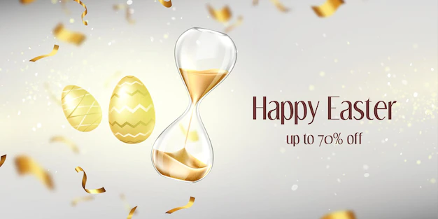 Free Vector | Happy easter sale banner with gold eggs, sandglass and confetti on blurred background with golden glittering and sparkles. holiday promotion, shopping discount offer, realistic 3d vector illustration
