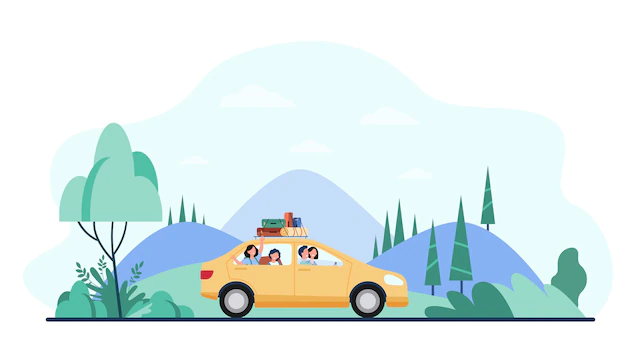 Free Vector | Happy family travelling by car with camping equipment on top.