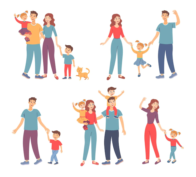 Free Vector | Happy family walking together outdoors set. illustrations of parents and children holding hands