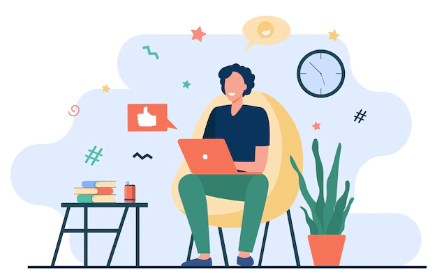 Free Vector | Happy freelancer with computer at home. young man sitting in armchair and using laptop, chatting online and smiling. vector illustration for distance work, online learning, freelance