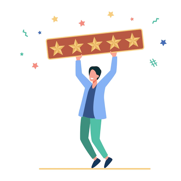 Free Vector | Happy man holding five golden stars. customer, review, social media flat illustration