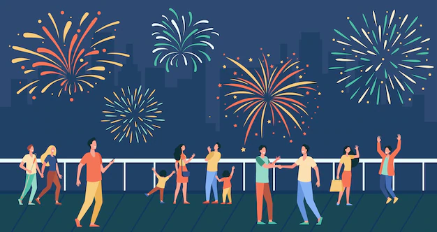 Free Vector | Happy people celebrating on city street and watching fireworks flat illustration.