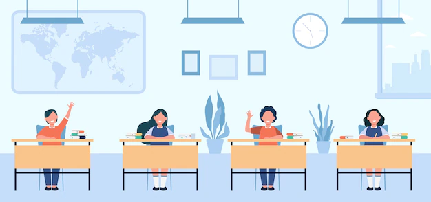 Free Vector | Happy pupils studying in classroom isolated flat illustration. cartoon children characters sitting at tables in school lesson.