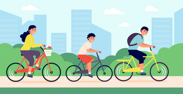 Free Vector | Happy young family riding bicycles in city park