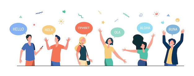 Free Vector | Happy young people saying hello in different languages. students with speech bubbles and hands in greeting gesture.