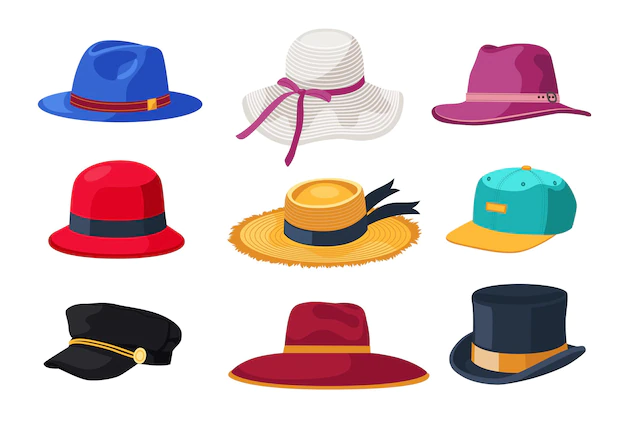 Free Vector | Hats and caps for men and women cartoon illustrations set. retro and modern male and female headgear, cowboy and summer straw hat isolated on white