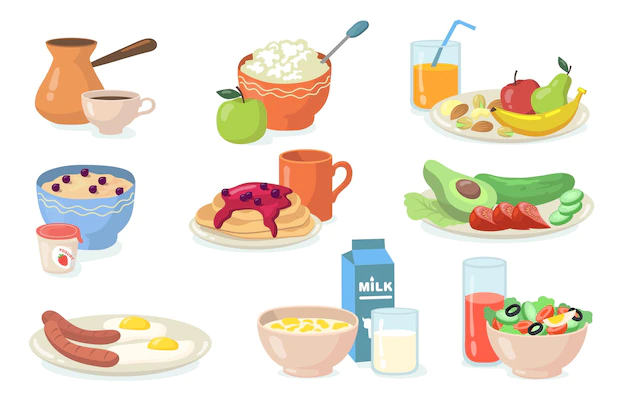 Free Vector | Healthy breakfast meals set. flat illustration